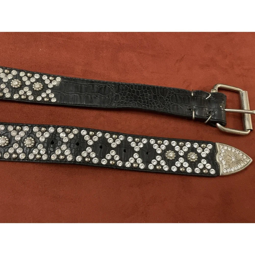 Studded Leather Belt Mens XL Black Rhinestone Western Buckle Croc Embossed